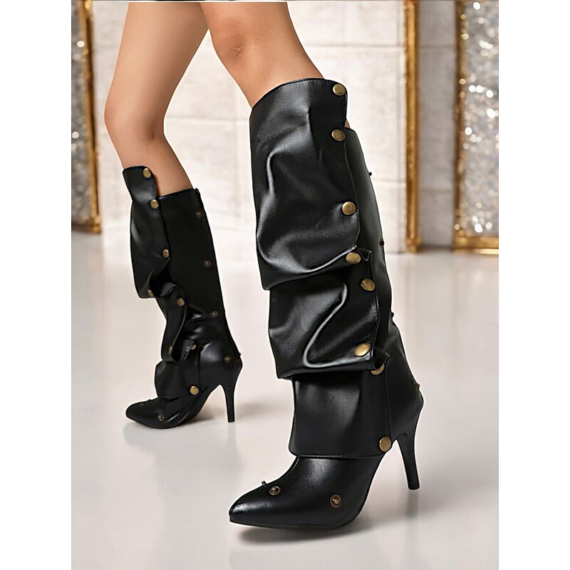 Women's Versatile Black Faux Leather High Heel Convertible Boots with Button Detailing – 2-in-1 Slouchy or Sleek Knee-High Design for Casual & Formal Occasions
