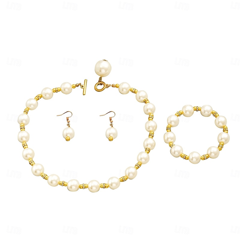 Classic Pearl Jewelry Set for Women – Faux Pearl Necklace, Bracelet, and Drop Earrings with Gold Accents, Perfect for Weddings, Parties, and Formal Events2