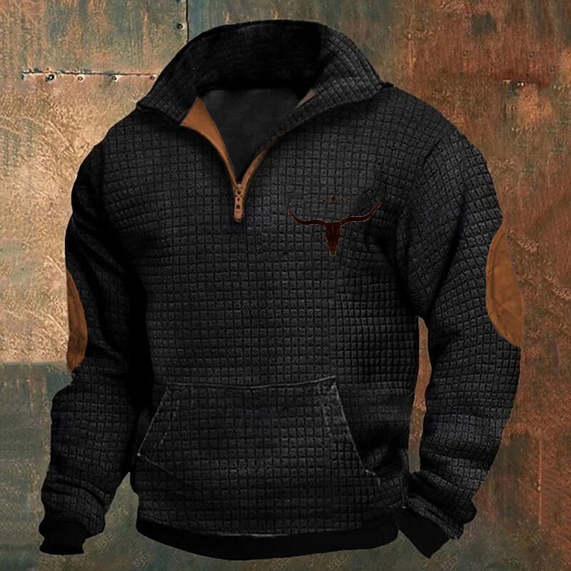 Men's Sweatshirt Waffle Sweatshirt Quarter Zip Sweatshirt Black White Navy Blue Khaki Dark Gray Half Zip Graphic Cow Print Patchwork Front Pocket Quarter Zip Daily Holiday Going out Polyester2