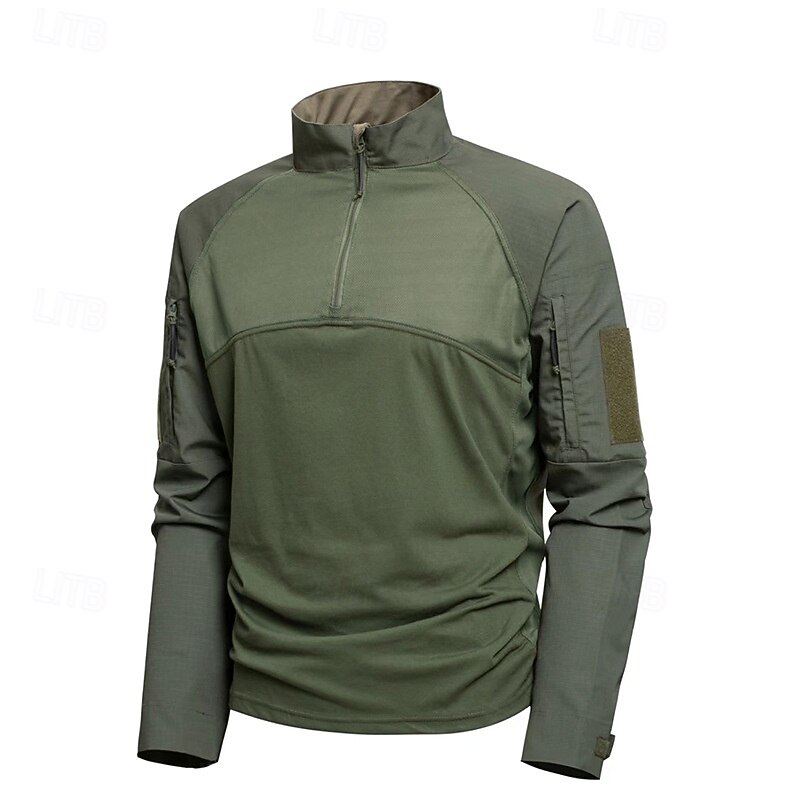 Men's Combat Shirt Hiking Shirt Tactical Military Shirt Long Sleeve Quarter Zip Top Outdoor Breathable Soft Polyester Patchwork Black Army Green Khaki Gym Climbing Camping / Hiking / Caving2