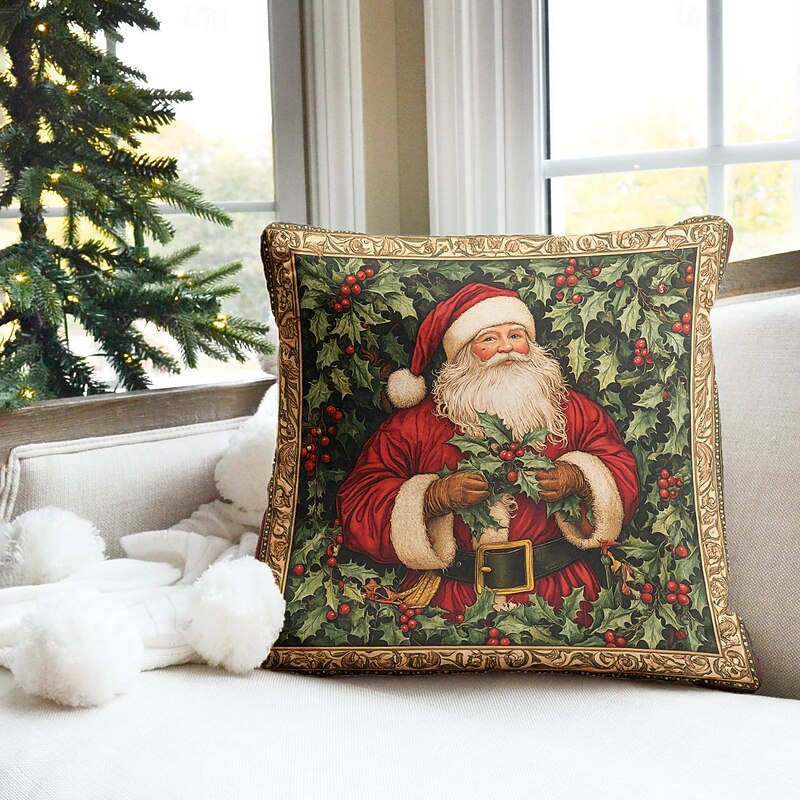 Christmas Decorations Decorative Toss Pillows Cover Holly Santa 1PC Soft Square Cushion Case Pillowcase for Bedroom Livingroom Sofa Couch Chair4