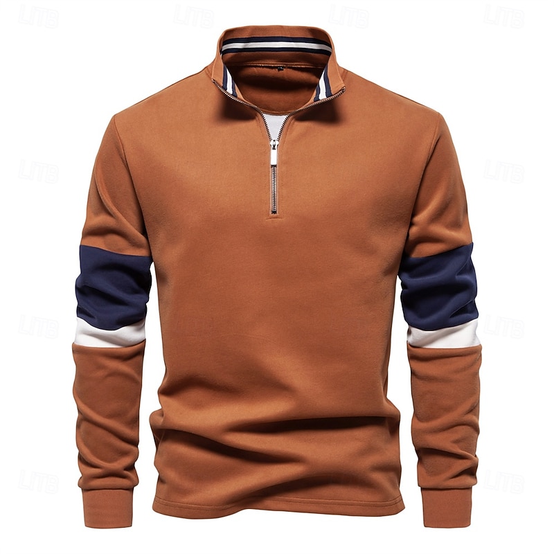 Mens Mock Neck Quarter Zip Sweatshirts Patchwork Casual Pullover Cotton-blend Sweatshirt for Men