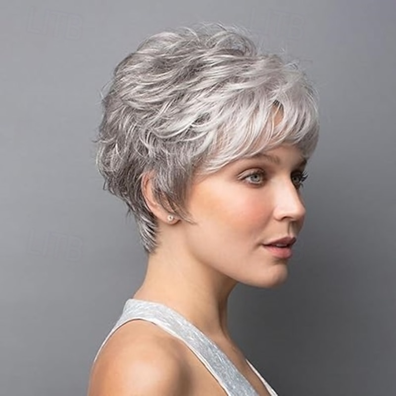Short  Pixie Cut Layered Wig with Bangs for White Women Pixie Cut Curly Layered Wig Synthetic  Wig Pixie Cut Fluffy Gray Wigs for Women2