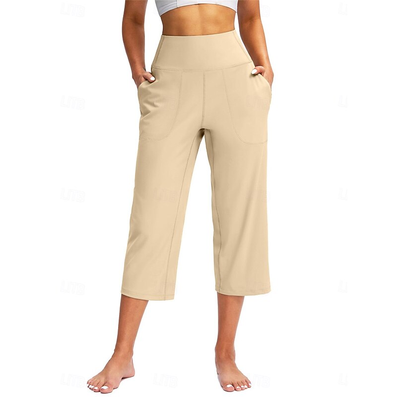 Women's Wide Leg Chinos Classic Style Calf-Length High Waist Plain Pocket Comfy Soft Comfortable Micro-elastic Yoga Casual Black White Apricot Coffee Spring &  Fall Regular Fit