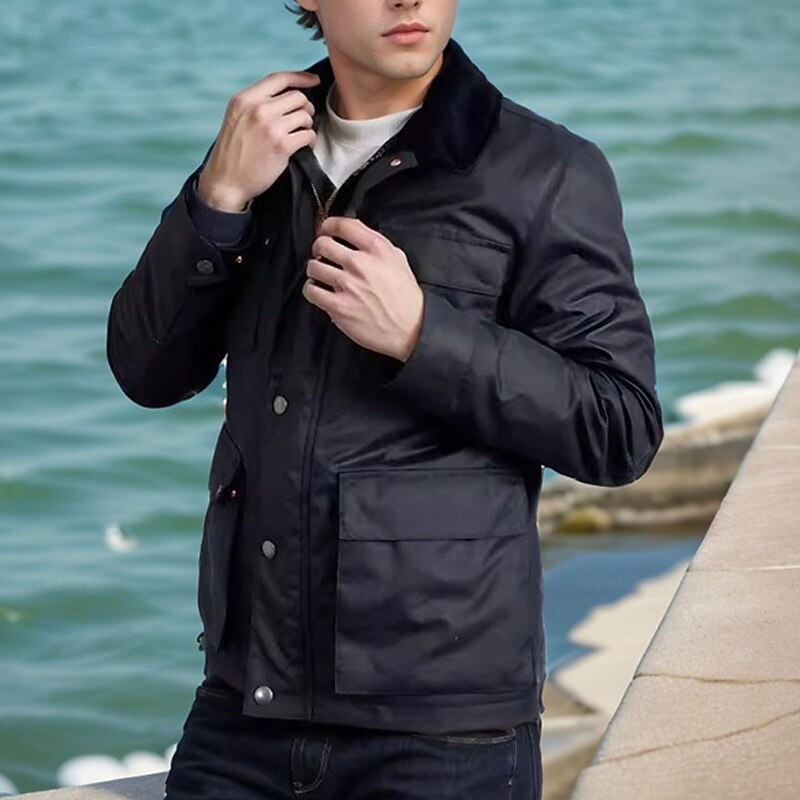 Men's Lightweight Jacket Trucker Jacket Casual Jacket Daily Vacation Thermal Warm Pocket Spring &  Fall Plain Fashion Classic Stand Collar Regular Black Navy Blue Jacket3