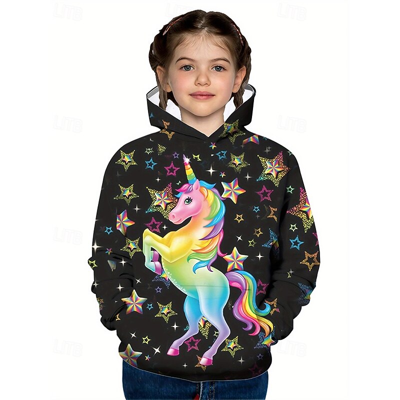 Girls' 3D Graphic Unicorn Hoodie Long Sleeve Fall Winter Fashion Adorable Basic Kids 4-12 Years Hooded Outdoor Casual Daily Regular Fit