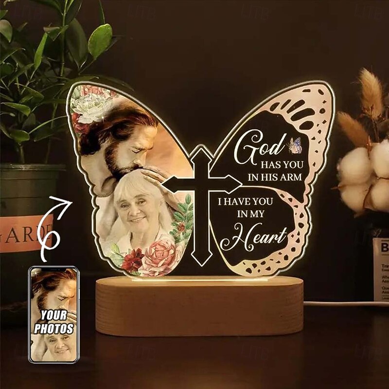 Personalized Memorial Light Up Photo Frame Custom Sympathy Gift for Loss of Loved One Butterfly Shaped Lights Valentines Custom Acrylic Night Light USB Powered