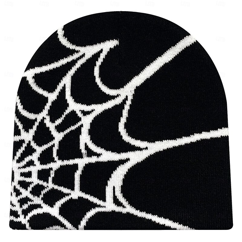 Men's Unisex Beanie Hat Winter Hats Beanies Skull Cap Knit Hat Black White Acrylic Fibers Knitted Jacquard Cozy Daily Wear Festival Spider web Warm