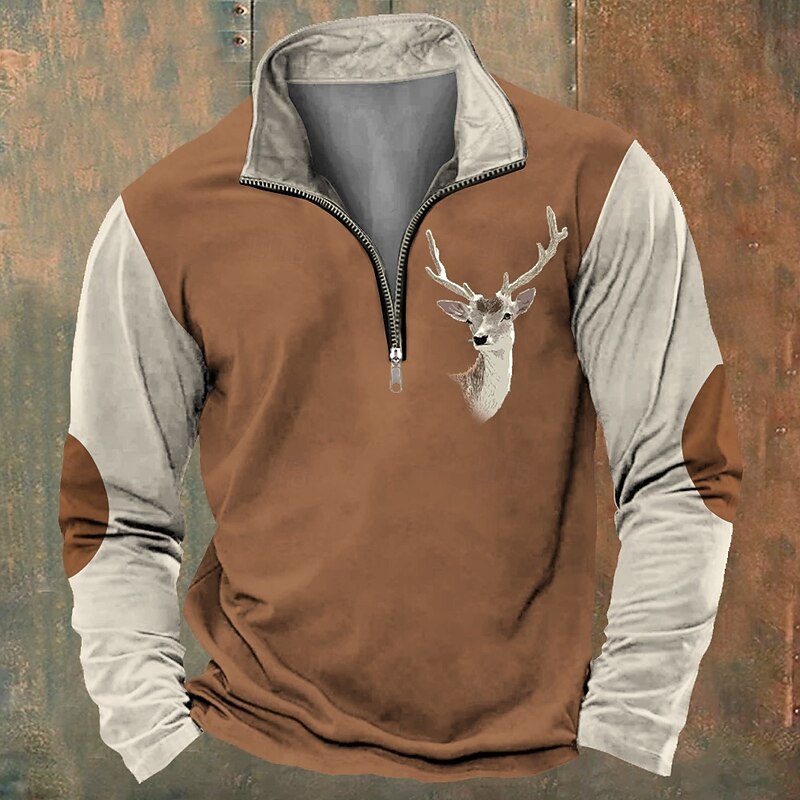 Men's Hunting Deer Sweatshirts Quarter Zip Sweatshirt Long Sleeve Sweatshirt Zip Vintage Retro Western Cowboy 3D Printing Climbing Hunting Winter Spring &  Fall