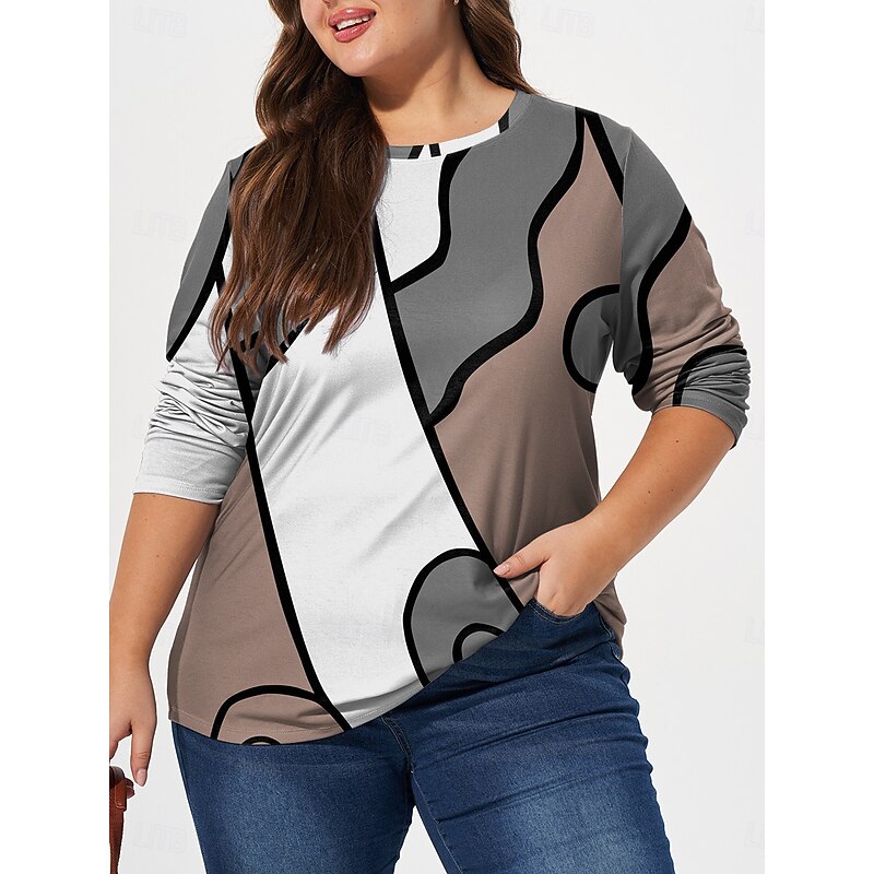 Women's Plus Size Tops T shirt Tee Color Block Print Long Sleeve Crew Neck Casual Daily Fall Winter Blue Green