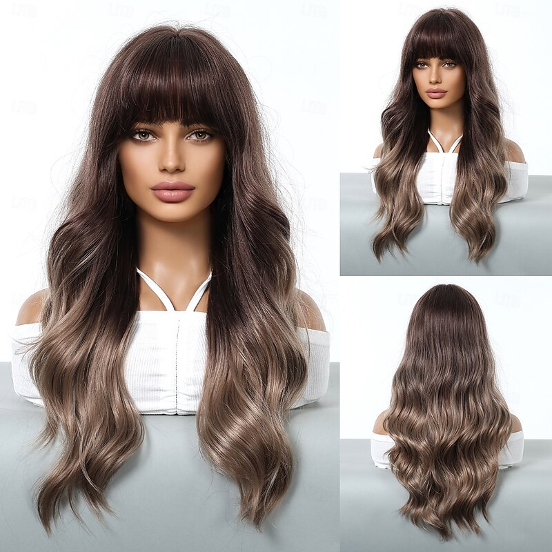 Synthetic Wig Uniforms Career Costumes Princess Curly Wavy Middle Part Layered Haircut Machine Made Wig 24 inch Dark Brown Synthetic Hair Women's Cosplay Party Fashion Brown