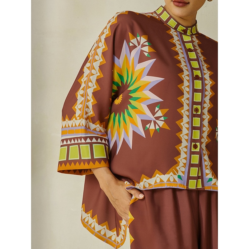 Women's Shirt Brown Vintage Bohemian Geometric Graphic Satin Silk Magyar 3/4 Sleeve Crew Neck Casual Daily Weekend Vacation Spring Fall4