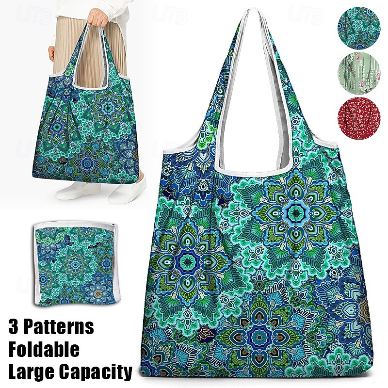Women's Bohemian Floral Tote Bag, Reusable Foldable Shopping Bag with Colorful Mandala Design, Perfect for Beach, Groceries, and Everyday Use3