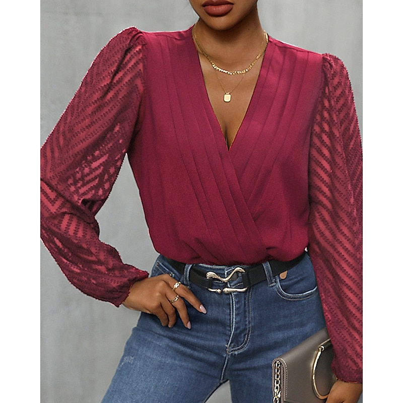 Women's Normal Playsuit Stylish Solid Color Long Sleeve V Neck Party Work Regular Fit Black Red Green Spring