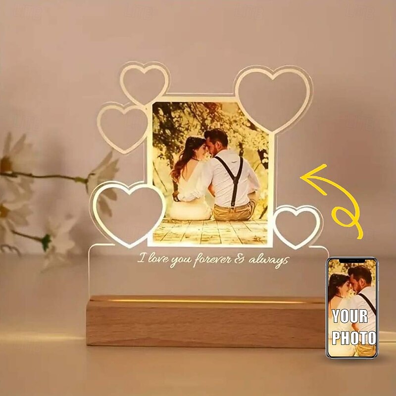 Personalized Night Light Up Photo Frame Heart Shaped Wedding LED Night Light - Custom Photo Acrylic USB Lamp Romantic Wedding Anniversary Birthday  Gift Perfect for Couples and Friends