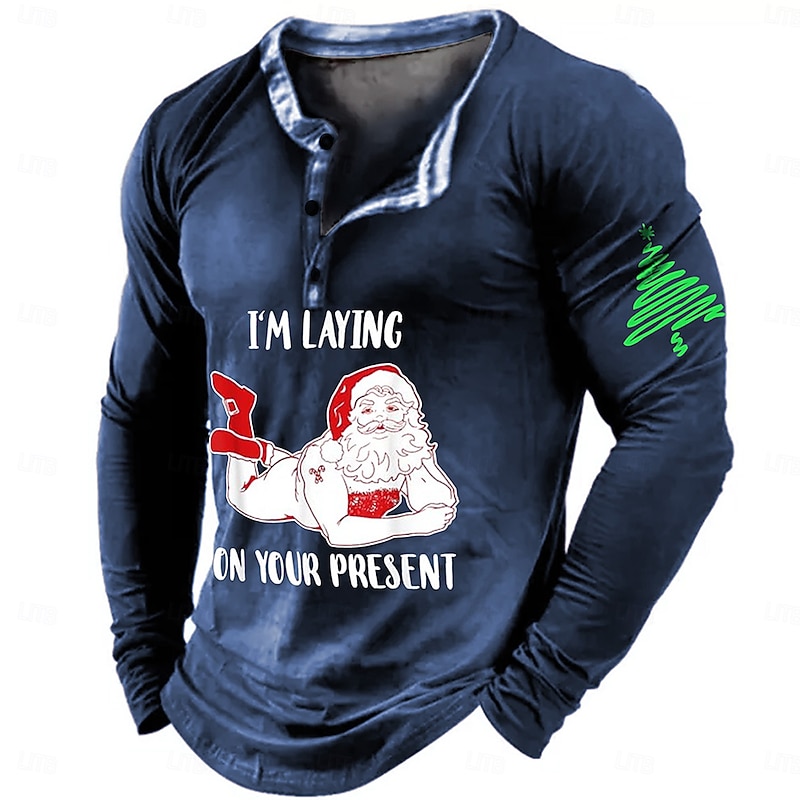 Christmas Men's Funny Christmas Henley T Shirt Santa Claus Letter Letters Letter Print Sports Fashion Daily 3D Printing Henley Long Sleeve Street Casual Daily Red Dark Blue Gray Long Sleeve Henley