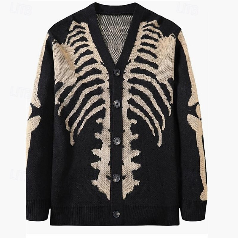 Men's Cropped  Sweater Cardigan Sweater Jacquard Sweater Knit Sweater Ribbed Knit Regular Cool Skulls V Neck Fashion Classic Halloween Daily Wear Clothing Apparel Fall & Winter Army Green Black S M L3