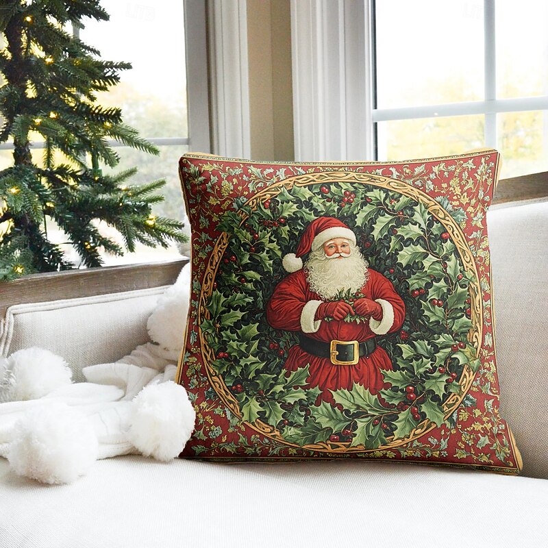 Christmas Decorations Decorative Toss Pillows Cover Holly Santa 1PC Soft Square Cushion Case Pillowcase for Bedroom Livingroom Sofa Couch Chair3