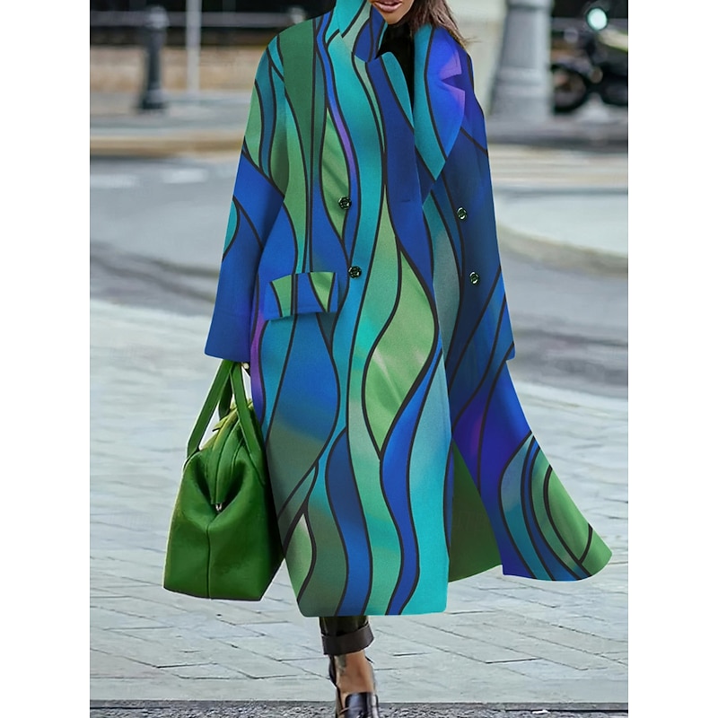 Women's Winter Coat Coat Cloak / Capes Windproof Warm Pocket Casual Street Style Color Block Vacation Work Street Daily Wear Single Breasted Turndown Loose Fit Long Sleeve Outerwear Blue Fall Winter