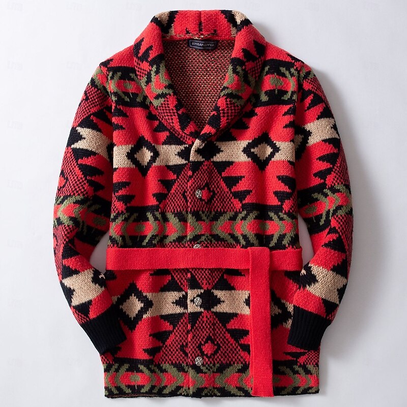 Men's Jacquard Sweater Cardigan Sweater Cropped  Sweater Knit Sweater Ribbed Crochet Knit Tunic Knitted Jacquard Vintage Shawl Collar Fashion Classic Daily Wear Date Clothing Apparel Fall & Winter Red3
