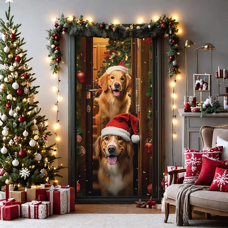 Christmas Door Decorations Door Covers Xmas Dogs Door Tapestry Door Curtain Decoration Backdrop Door Banner for Front Door Farmhouse Holiday Party Decor Supplies Indoor/Outdoor2