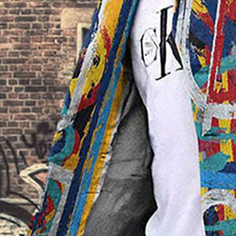 Men's Winter Coat Overcoat Coat Work Wear to work Warm Breathable Pocket Print Fall & Winter Color Block Graphic Prints Fashion Streetwear Turndown Long Regular Fit Rainbow Jacket3