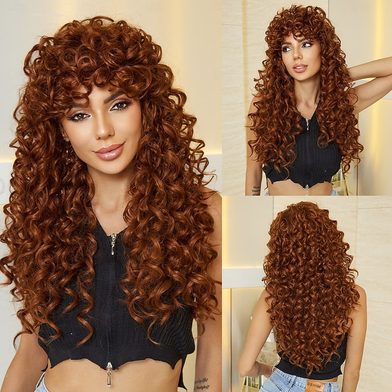 Synthetic Wig Uniforms Career Costumes Princess Curly Deep Curly Middle Part Layered Haircut With Bangs Machine Made Wig 26 inch Brown / Burgundy Synthetic Hair Women's Cosplay Party Fashion Brown