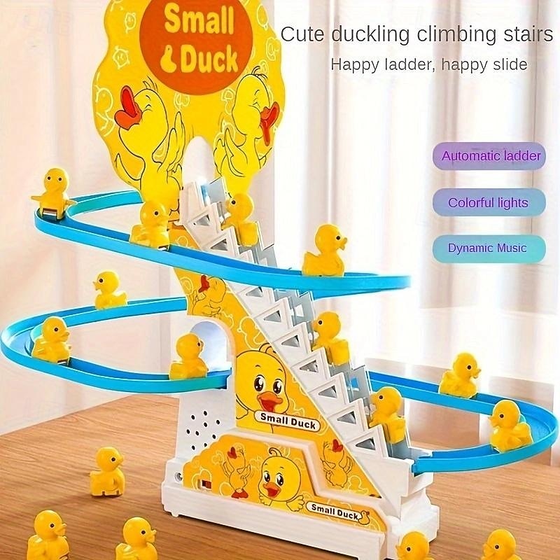 6pcs Ducklings Climbing Stairs Toy, Electric Slide Yellow Duck Toy, Toys For Boys And Girls, Holiday Gift, Light And Music Toy easter gift halloween christmas gift2