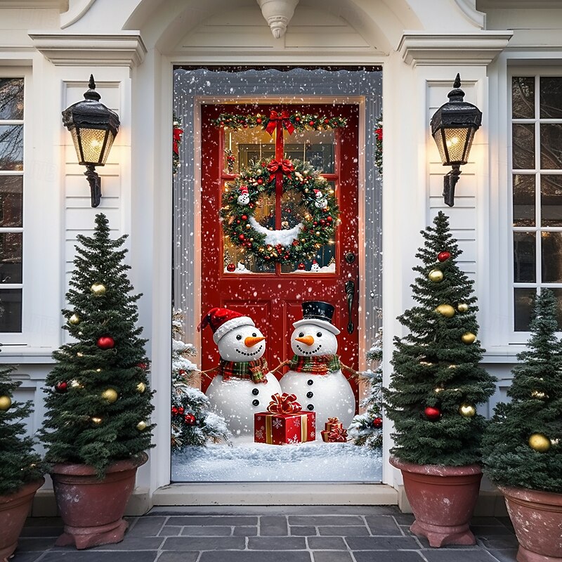 Christmas Door Decorations Door Covers Xmas Whimsical Snowmans Door Tapestry Door Curtain Decoration Backdrop Indoor/Outdoor Door Banner for Front Door Farmhouse Holiday Party Decor Supplies