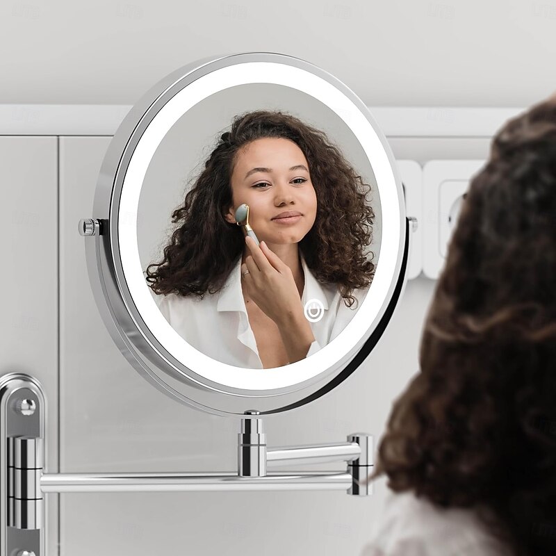 Rechargeable Wall Mounted illuminated Makeup Mirror Light 8-inch Double-sided 10x Magnifying Bathroom Mirror 3-color Lighting Touch Screen Dimming Extended Arm 360 Degree Rotating Shaving Luminous Mirror4