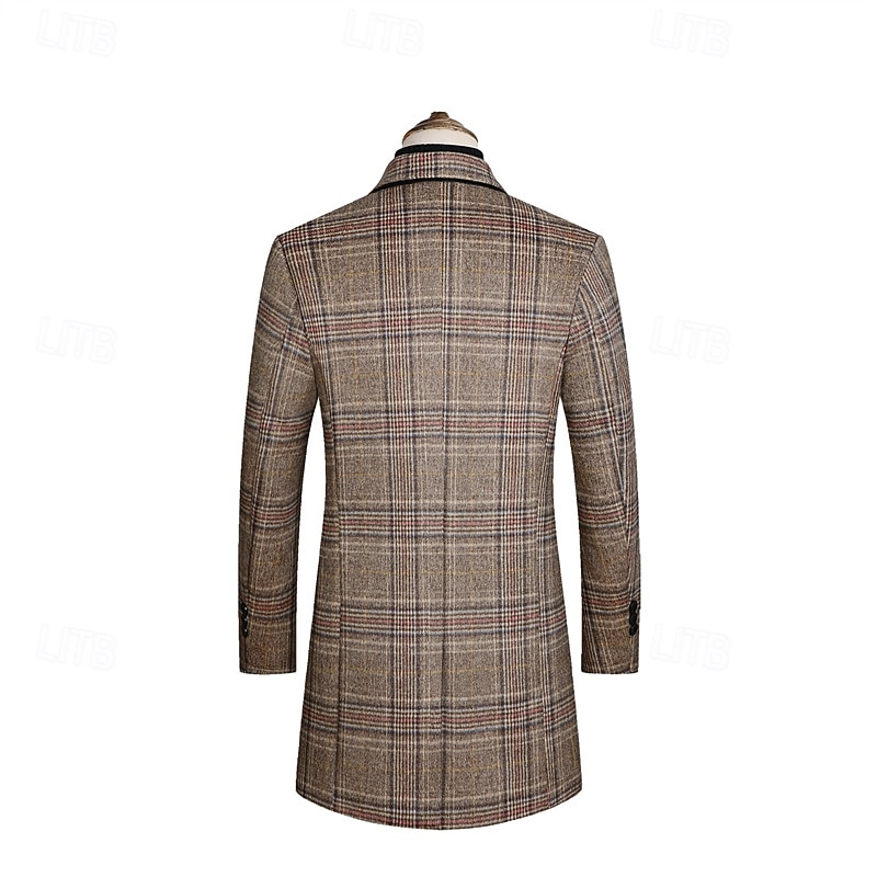 Men's Wool Coat Overcoat Trench Coat Long Trench Coat Daily Vacation Fall & Winter Polyester Thermal Warm Windproof Outerwear Clothing Apparel Fashion Classic Plaid Pocket Lapel Single Breasted 14