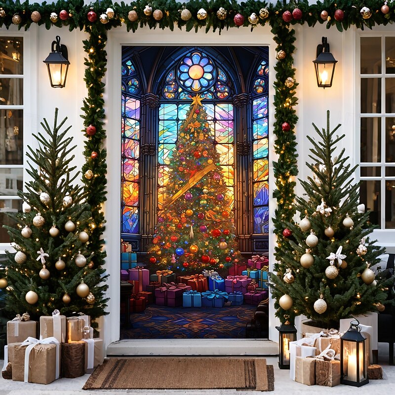 Christmas Door Decorations Door Covers Xmas Tree Stained Glass Door Tapestry Door Curtain Decoration Backdrop Door Banner for Front Door Farmhouse Holiday Party Decor Supplies Indoor/Outdoor