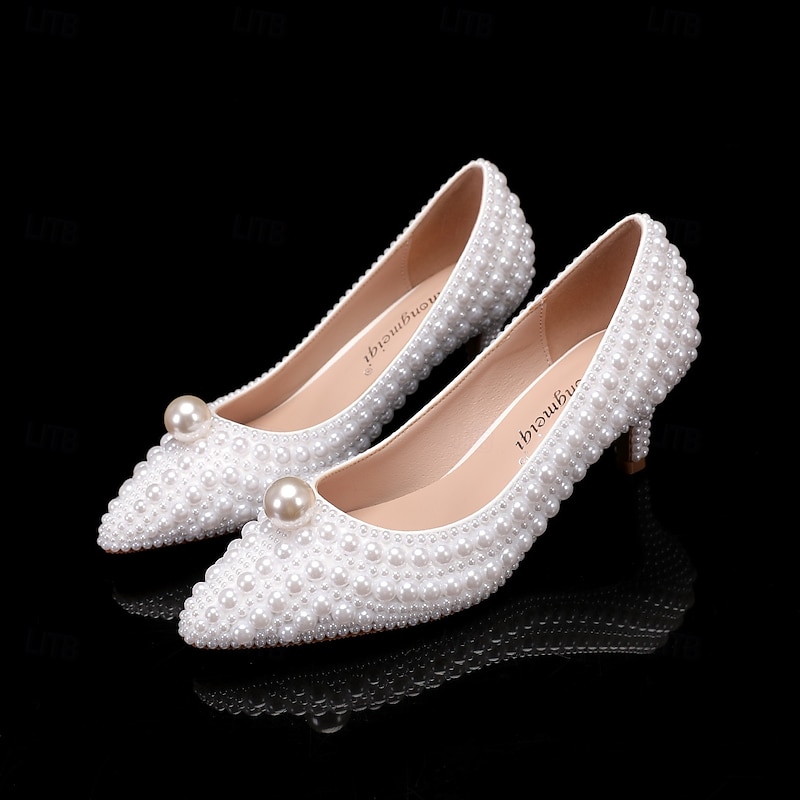 Women's Wedding Shoes White Shoes Dress Shoes Wedding Party Floral Contrast Color Wedding Heels Bridal Shoes Bridesmaid Shoes Imitation Pearl Beading Low Heel Stiletto Pointed Toe Cute Business Sexy2