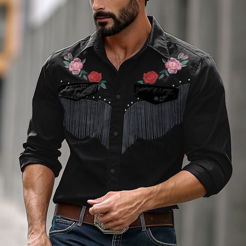 Men's Floral Western Shirt Button Up Shirt Cowboy Shirt Long Sleeve Vintage Western Dailywear Spring Fall Winter Turndown Collared Shirts 3D Print Black