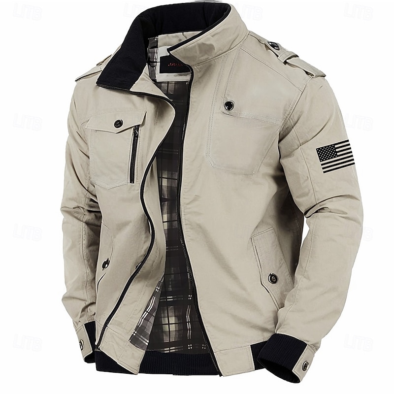 Graphic American US Flag Men's Standing Collar Jacket Zip Up Combat Bomber Jacket Tactical Cargo Outwear Cotton Comfy Breathable Coat With Pockets2