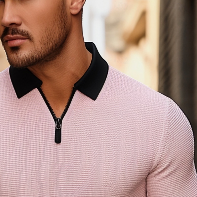 Men's Waffle Polo Shirt Golf Shirt Outdoor Causal Quarter Zip Long Sleeve Fashion Modern Solid Color Knitted Spring &  Fall Standard Fit White Yellow Pink Light Grey Waffle Polo Shirt2