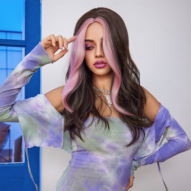 Synthetic Wig Wavy Bouncy Curl Middle Part Wig 26 inch Dark Brown Synthetic Hair Women's Middle Part Cool Adorable Dark Brown3