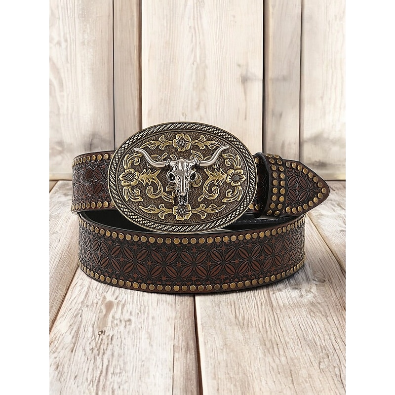 Men's Western Faux Leather Belt with Engraved Floral Design and Bull Skull Buckle – Vintage-Style Cowboy Belt for Rodeo and Casual Wear