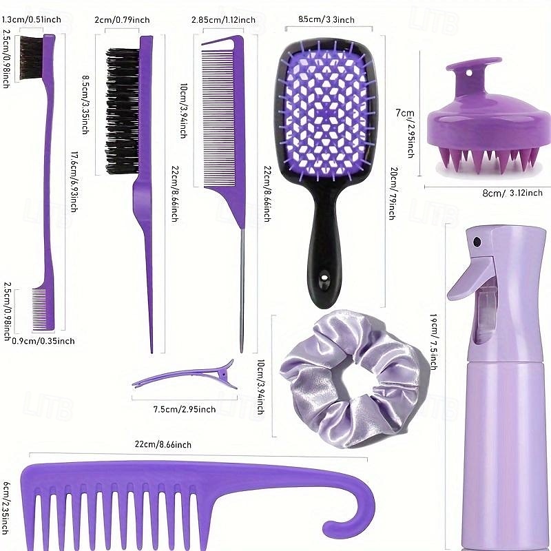 12pcs Complete Hair Styling Comb Set - Versatile Detangling & Teasing Combs, Edge & Rat Tail Brushes, Scalp Massager, Spray Bottle - Ideal for All Hair Types & Daily Use4