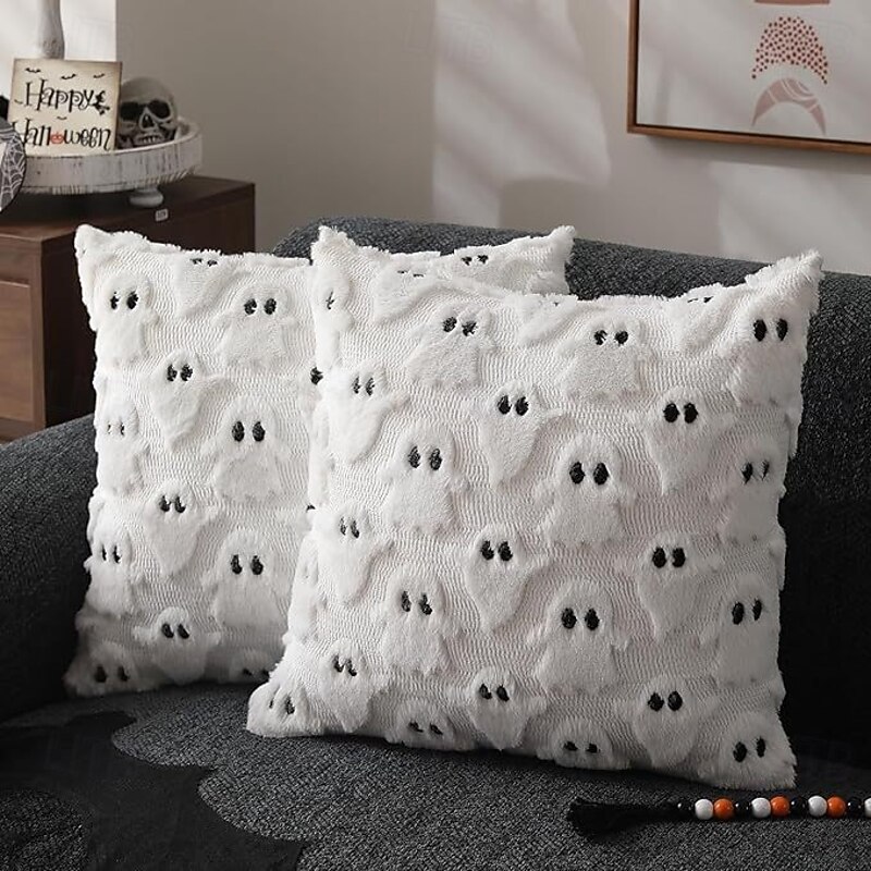 Halloween Pillow Covers White Ghost Halloween Decor Throw Pillow Cases Soft Plush Faux Fur Ghost Decor Couch Cushion Case for Bedroom Living Room Halloween Home Decor
