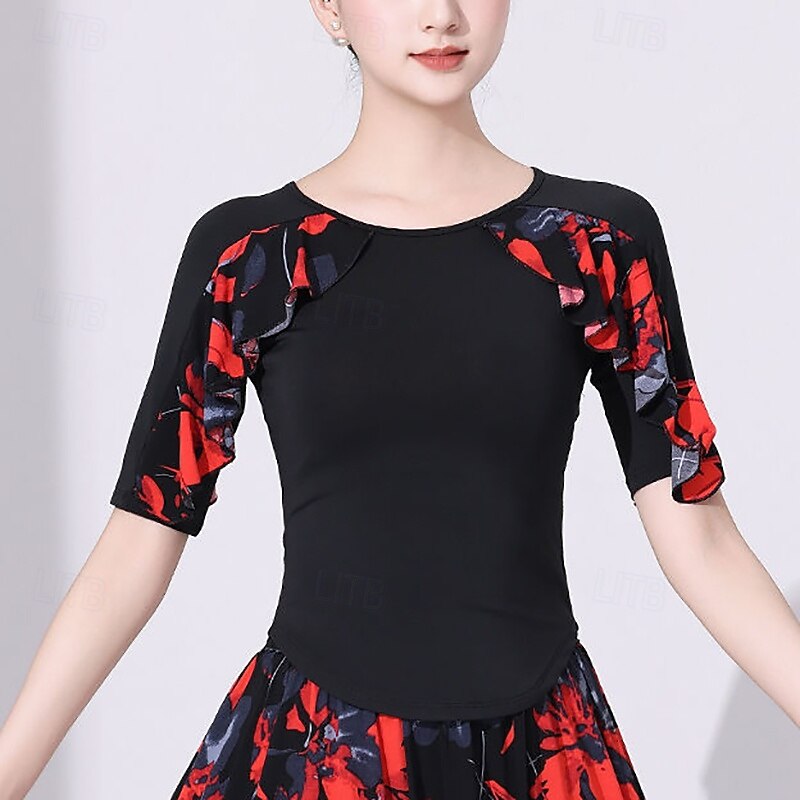 Latin Dance Top Printing Ruffle Splicing Women's Performance Training Half Sleeve High Polyester
