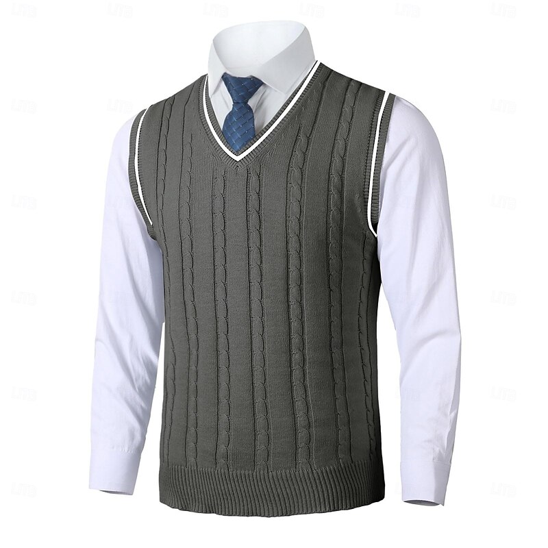 Men's Sweater Vest Pullover Sweater Jumper Dress Sweater Knit Sweater Ribbed Cable Knit Regular Knitted Plain V Neck Keep Warm Modern Contemporary Daily Wear Going out Clothing Apparel Fall Winter3