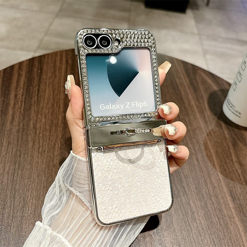 Phone Case For Samsung Galaxy Z Flip 6 Z Flip 5 Back Cover Ring Holder Bling Glitter Shiny Shockproof Retro PC Metal PU Leather2
