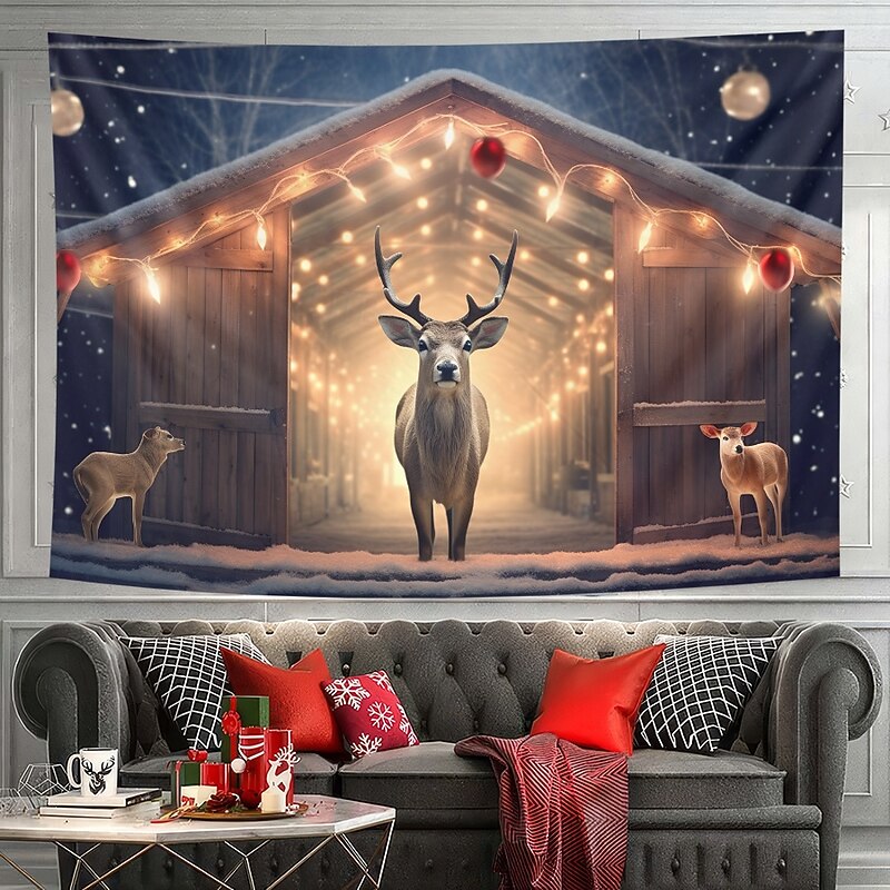 Christmas Decorations Hanging Tapestry Wall Art Xmas Deer Farmhouse Large Tapestry Mural Decor Photograph Backdrop Blanket Curtain Home Bedroom Living Room