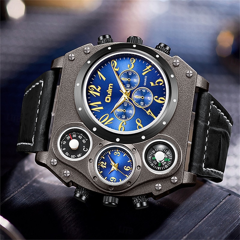 Oulm Large Dial Men Watches Luxury Brand Male Quartz Watch Big Size Men's Two Time Zone Leather Sport Wristwatches4