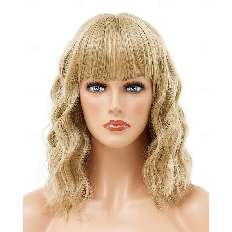 Blonde Wig Short Bob Blonde Wig with Bangs Wavy Curly Bob Wigs for White Women Heat Resistant Synthetic Colored Cosplay Wig