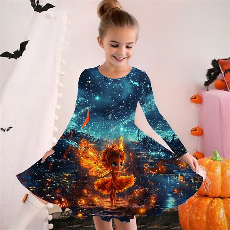 Halloween Girls' 3D Graphic Cartoon Dress Long Sleeve Summer Spring Daily Holiday Vacation Beautiful Sweet Kids 4-12 Years Casual Dress A Line Dress Knee-length Polyester Regular Fit2