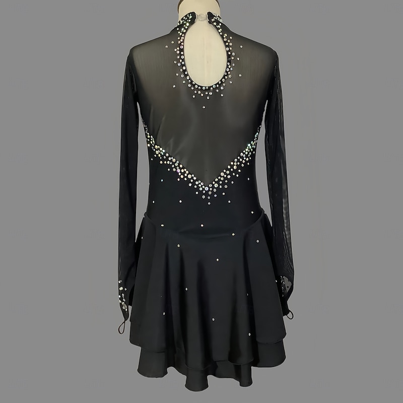 Figure Skating Dress Women's Girls' Ice Skating Dress Black Dark Navy Thumbhole Dyeing Mesh Spandex Stretchy Training Practice Professional Skating Wear Thermal Warm Classic Crystal / Rhinestone3