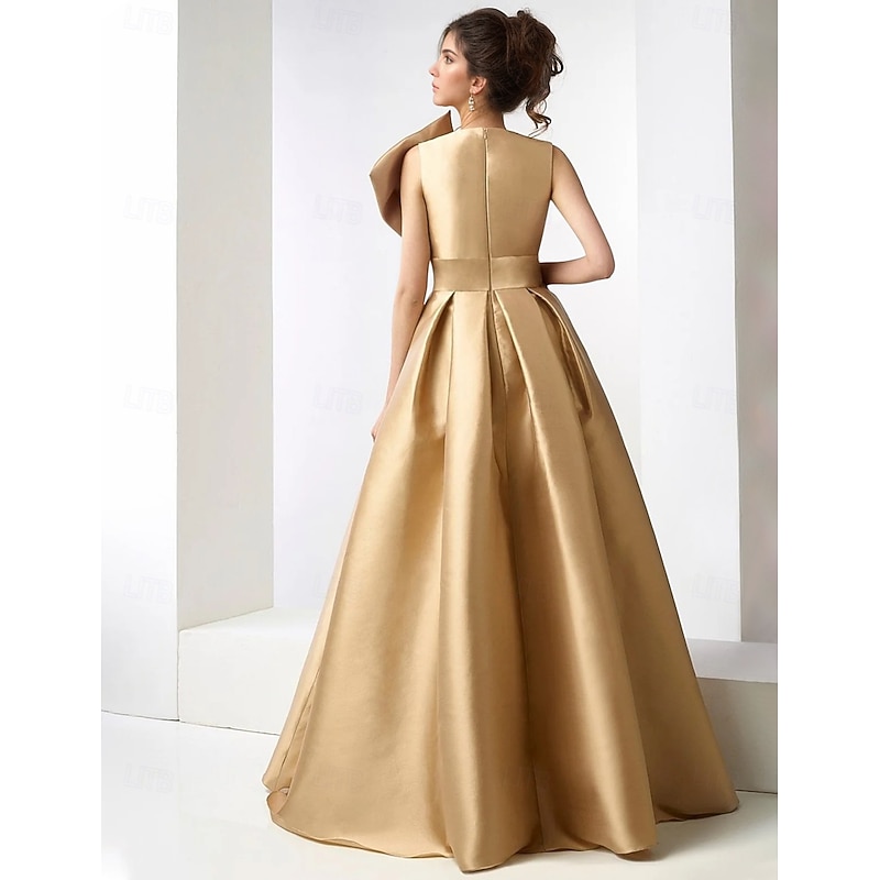 Gold A-Line Satin Evening Gown Elegant Fall Wedding Guest Dress Carnival Formal Floor Length Sleeveless V Neck Pocket with Rhinestone Beading2