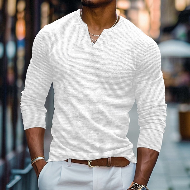 Men's Waffle Shirt V Neck Tee Tee Top Long Sleeve Shirt Long Sleeve V Neck Spring &  Fall Solid Color Daily Casual Street Style V Neck Outdoor Street Causal Black White Orange Top Tee for Men2